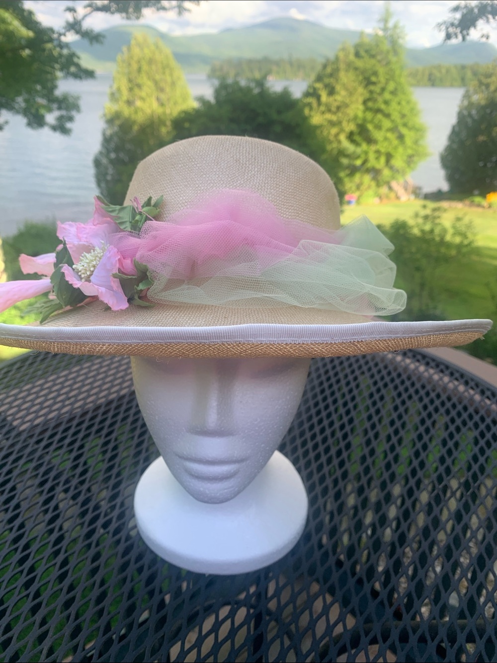 Hoodlums straw hat with green and pink flowers and gauzy ribbon